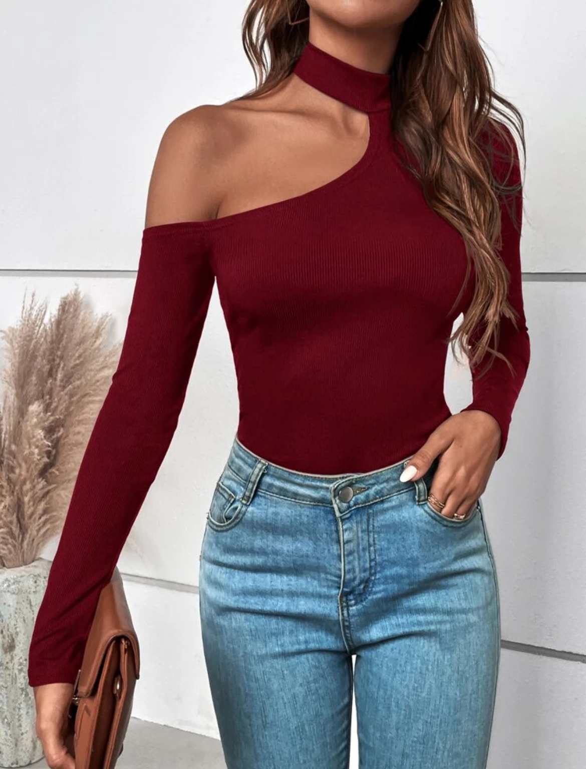 Burgundy Top Asymmetrical Neck