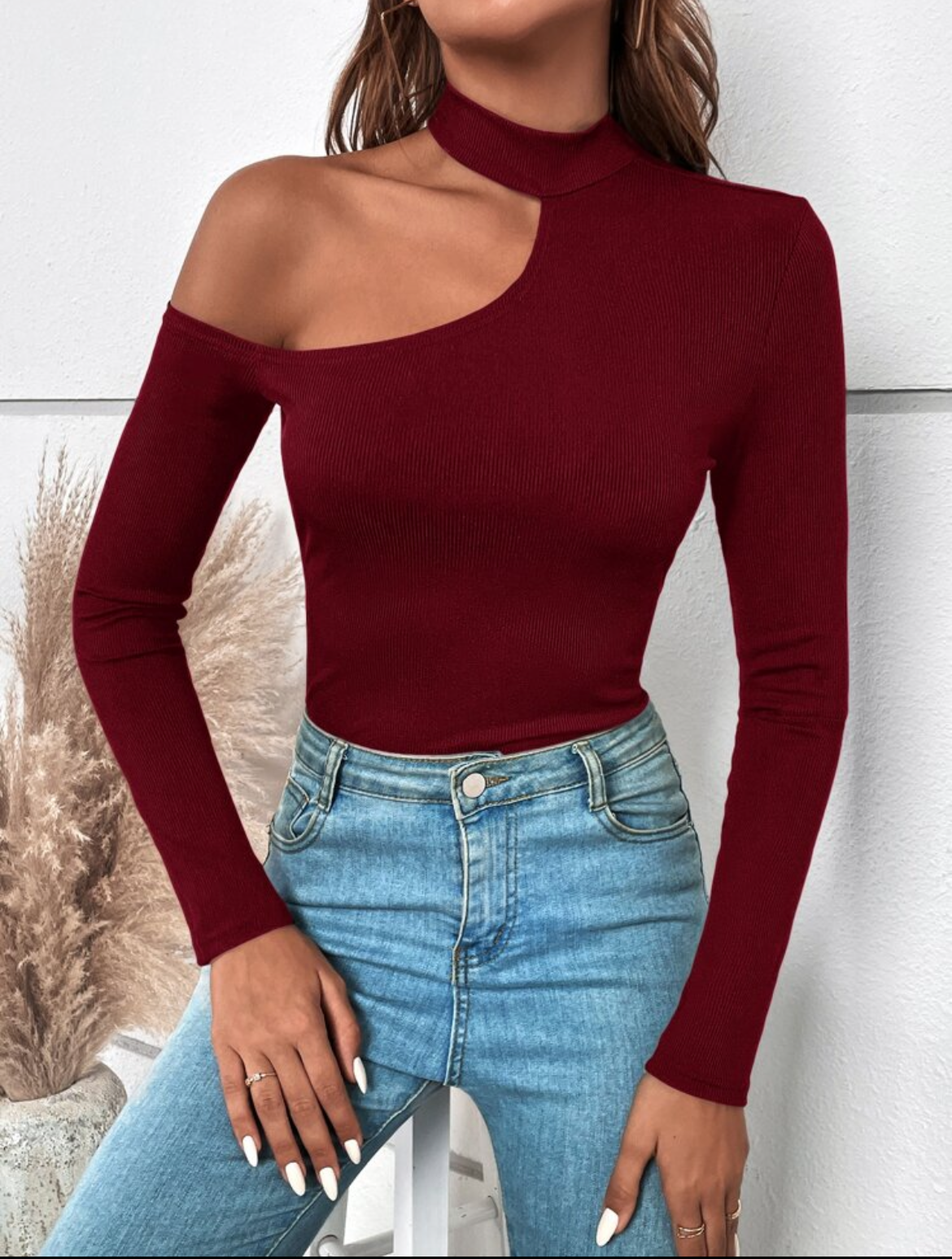 Burgundy Top Asymmetrical Neck
